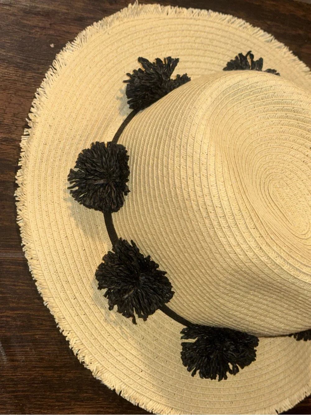 Ava & Aiden Tan Straw Fedora Hat Black Pom Pom Trim Fringe Brim OSFM adjustable